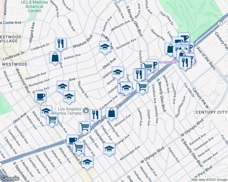map of restaurants, bars, coffee shops, grocery stores, and more near 10582 Holman Avenue in Los Angeles