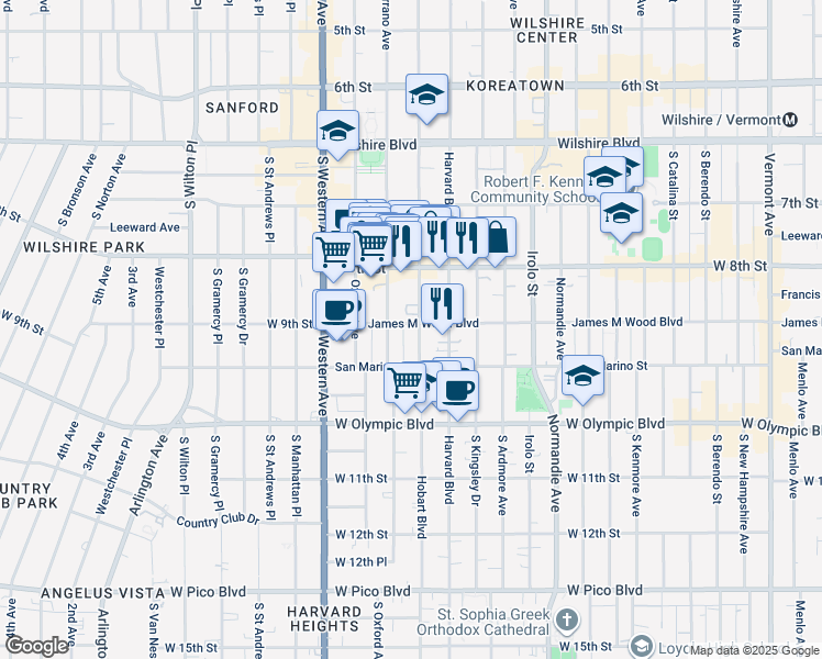 map of restaurants, bars, coffee shops, grocery stores, and more near 3360 James M Wood Boulevard in Los Angeles