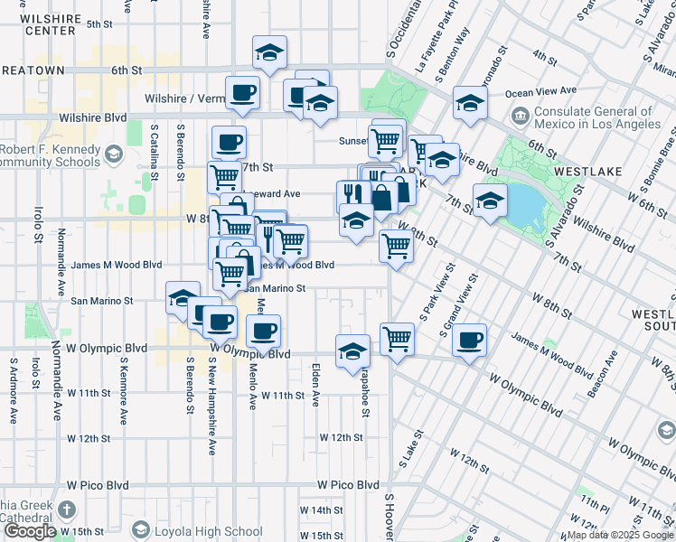 map of restaurants, bars, coffee shops, grocery stores, and more near 2701 James M Wood Boulevard in Los Angeles