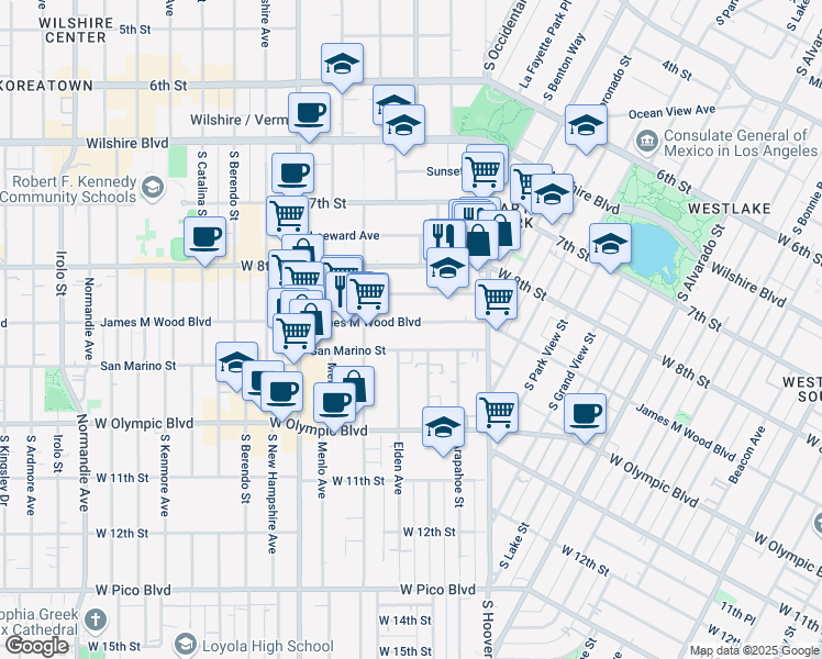 map of restaurants, bars, coffee shops, grocery stores, and more near 2701 James M Wood Boulevard in Los Angeles