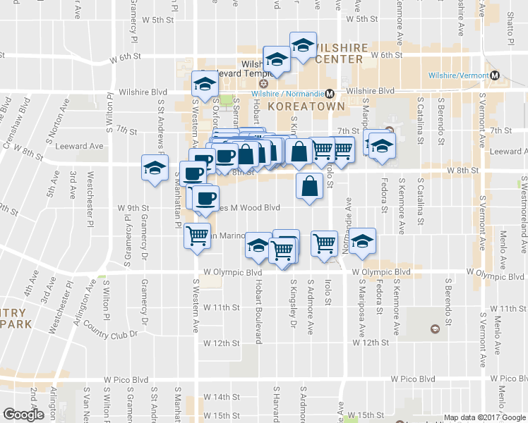 map of restaurants, bars, coffee shops, grocery stores, and more near 3348 James M Wood Boulevard in Los Angeles