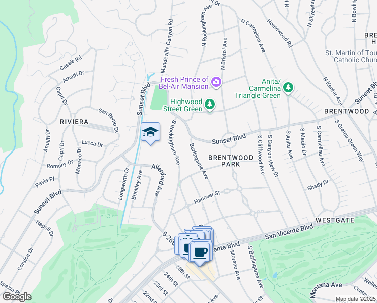 map of restaurants, bars, coffee shops, grocery stores, and more near 127 South Burlingame Avenue in Los Angeles