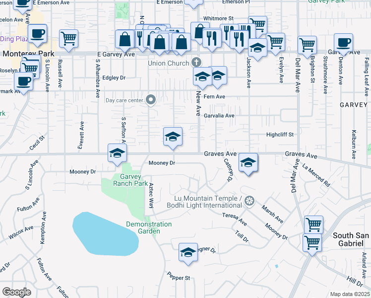 map of restaurants, bars, coffee shops, grocery stores, and more near 901 East Graves Avenue in Monterey Park