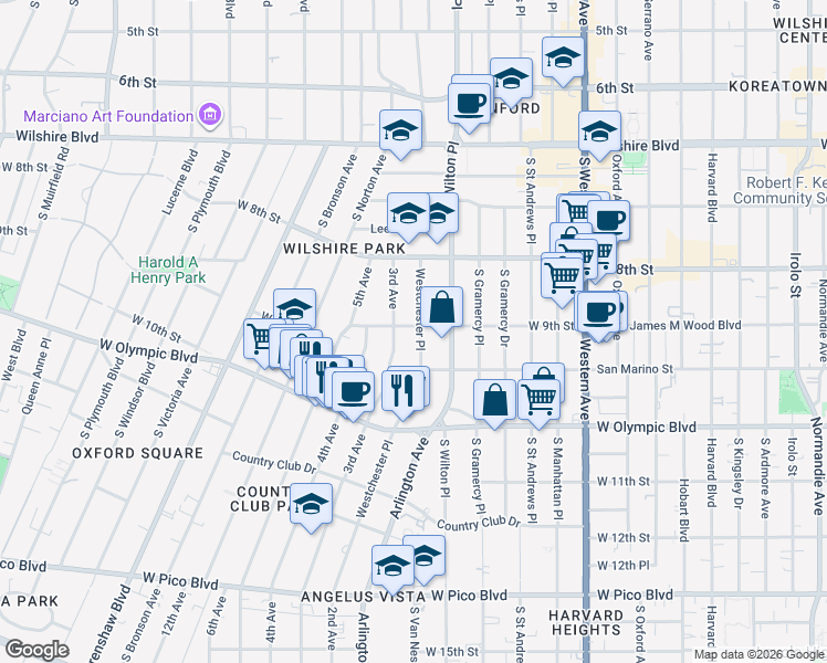 map of restaurants, bars, coffee shops, grocery stores, and more near 901 Westchester Place in Los Angeles
