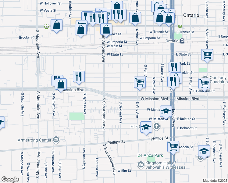 map of restaurants, bars, coffee shops, grocery stores, and more near 604 West California Street in Ontario