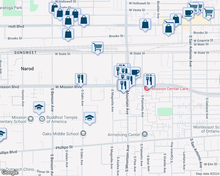 map of restaurants, bars, coffee shops, grocery stores, and more near 805 South Magnolia Avenue in Ontario