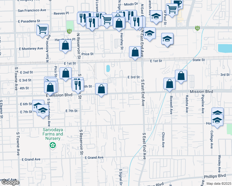 map of restaurants, bars, coffee shops, grocery stores, and more near 1425 East Mission Boulevard in Pomona