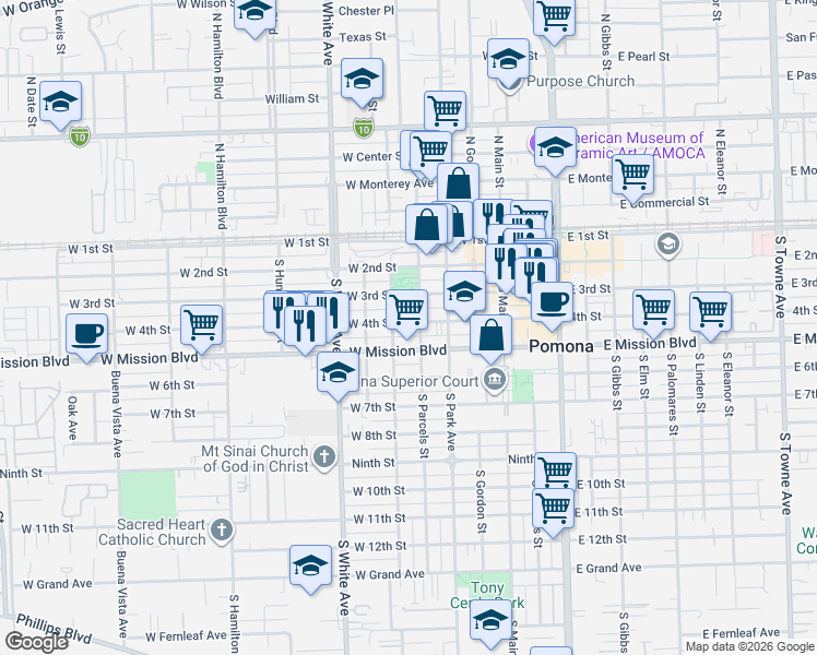 map of restaurants, bars, coffee shops, grocery stores, and more near 637 West 4th Street in Pomona
