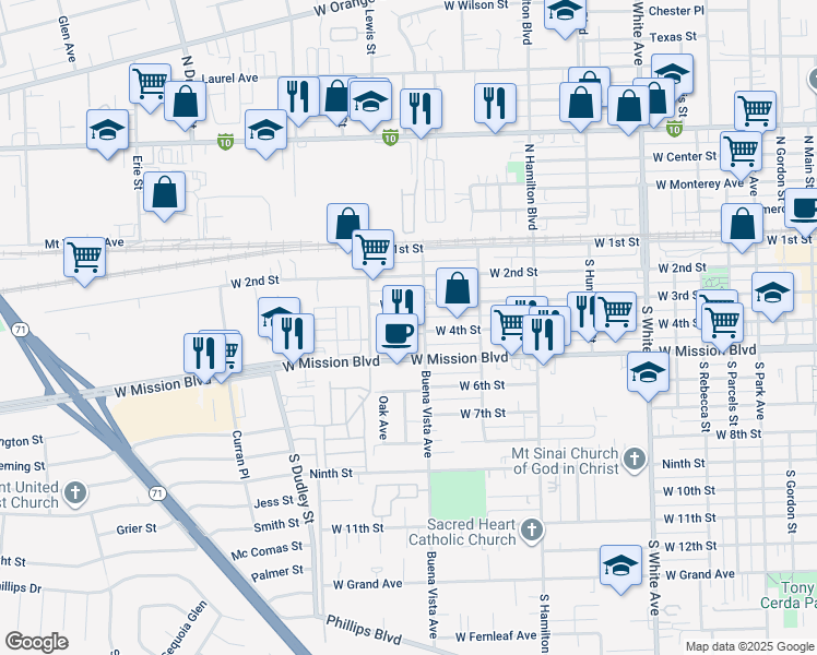 map of restaurants, bars, coffee shops, grocery stores, and more near 343 Buena Vista Avenue in Pomona
