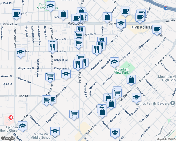 map of restaurants, bars, coffee shops, grocery stores, and more near 2416 Mountain View Road in El Monte