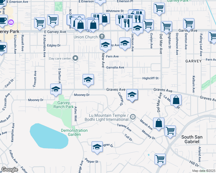 map of restaurants, bars, coffee shops, grocery stores, and more near 2421 Stevens Avenue in Rosemead