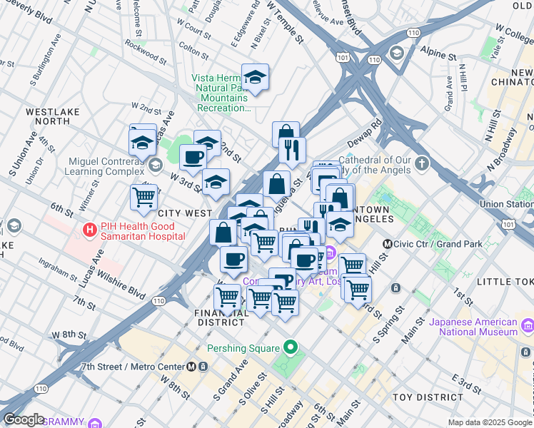 map of restaurants, bars, coffee shops, grocery stores, and more near 235 South Figueroa Street in Los Angeles