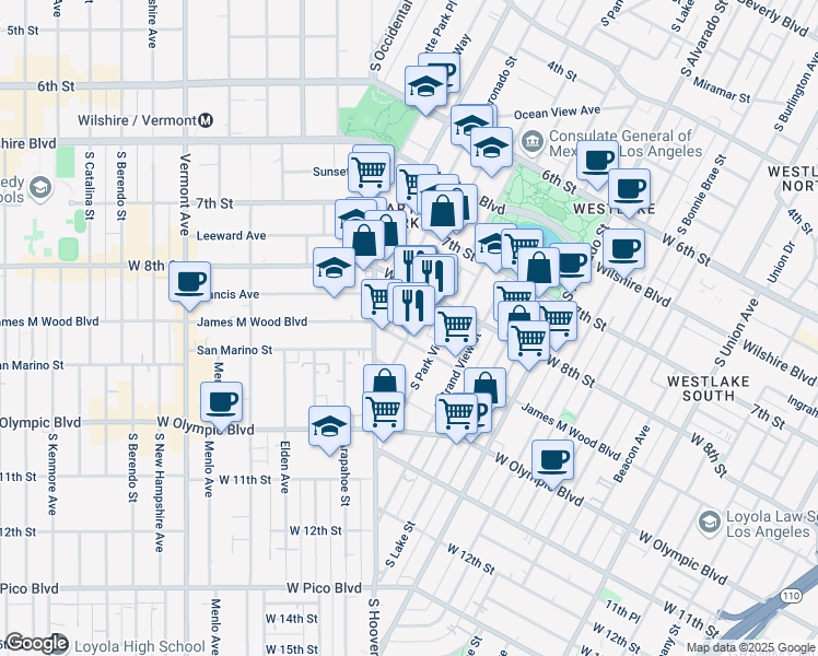 map of restaurants, bars, coffee shops, grocery stores, and more near 826 South Carondelet Street in Los Angeles