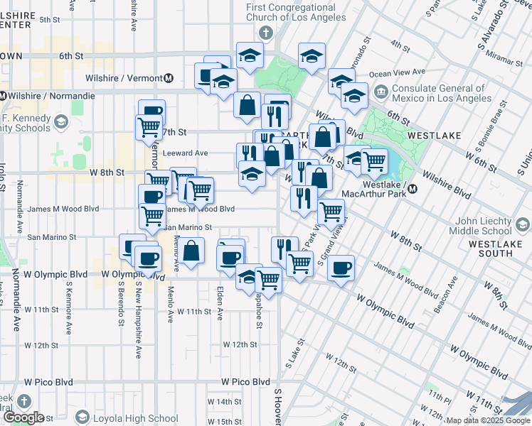 map of restaurants, bars, coffee shops, grocery stores, and more near 2642 James M Wood Boulevard in Los Angeles