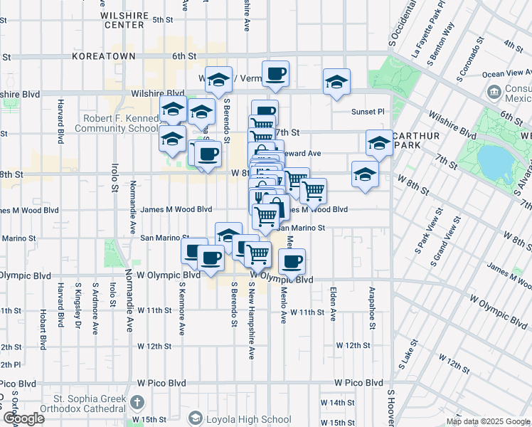 map of restaurants, bars, coffee shops, grocery stores, and more near 888 South Vermont Avenue in Los Angeles
