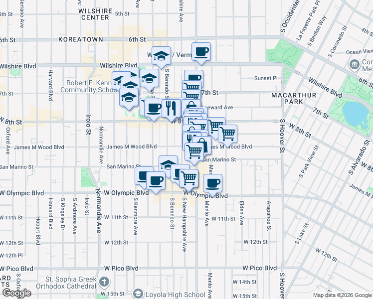 map of restaurants, bars, coffee shops, grocery stores, and more near in Los Angeles