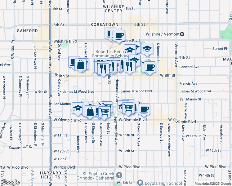 map of restaurants, bars, coffee shops, grocery stores, and more near 3219 James M Wood Boulevard in Los Angeles