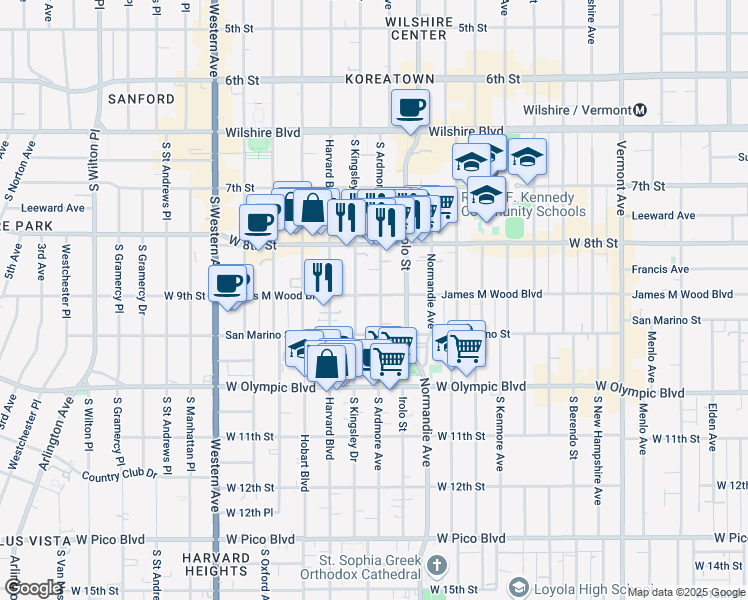 map of restaurants, bars, coffee shops, grocery stores, and more near 869 South Ardmore Avenue in Los Angeles