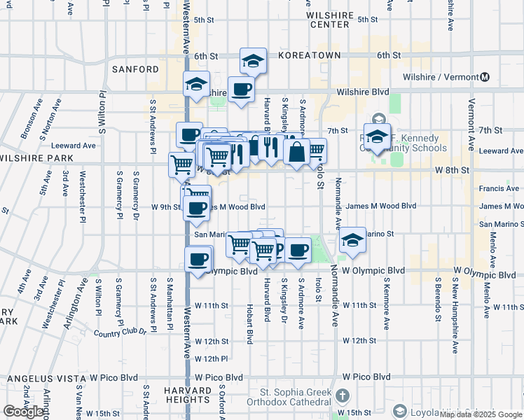 map of restaurants, bars, coffee shops, grocery stores, and more near 858 South Hobart Boulevard in Los Angeles