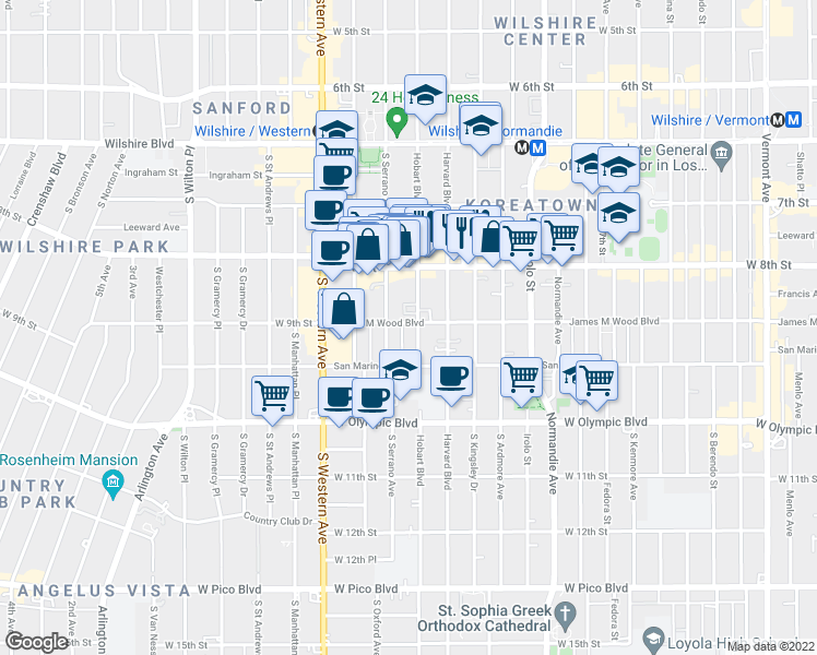 map of restaurants, bars, coffee shops, grocery stores, and more near 858 South Hobart Boulevard in Los Angeles
