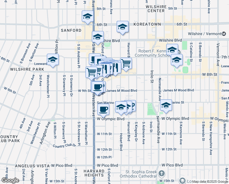 map of restaurants, bars, coffee shops, grocery stores, and more near 854 South Serrano Avenue in Los Angeles