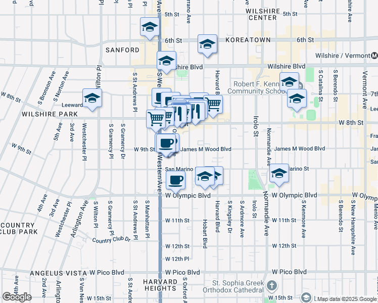 map of restaurants, bars, coffee shops, grocery stores, and more near 854 South Serrano Avenue in Los Angeles