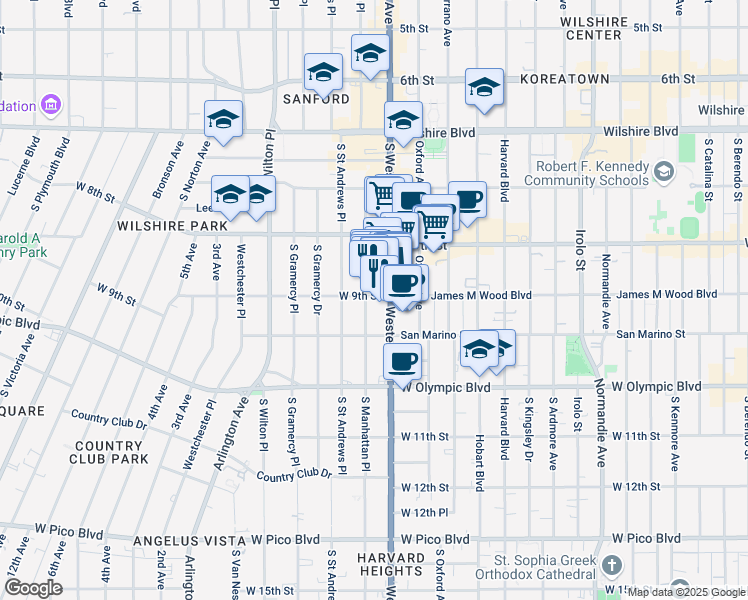 map of restaurants, bars, coffee shops, grocery stores, and more near 916 South Western Avenue in Los Angeles