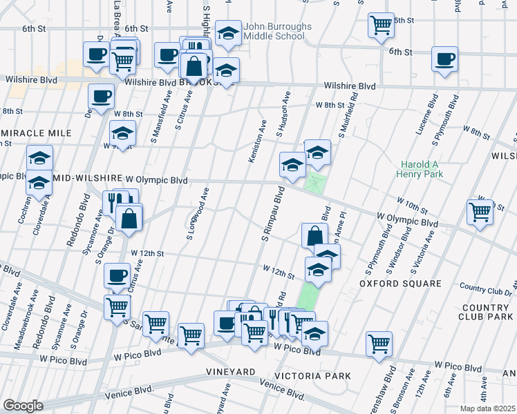 map of restaurants, bars, coffee shops, grocery stores, and more near 1026 South Hudson Avenue in Los Angeles