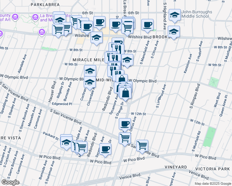 map of restaurants, bars, coffee shops, grocery stores, and more near 1019 South La Brea Avenue in Los Angeles