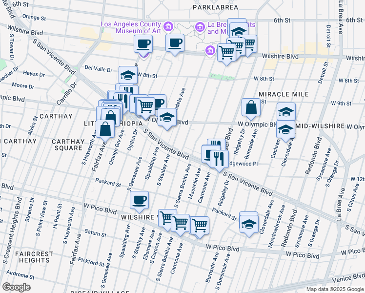 map of restaurants, bars, coffee shops, grocery stores, and more near 1046 South Curson Avenue in Los Angeles