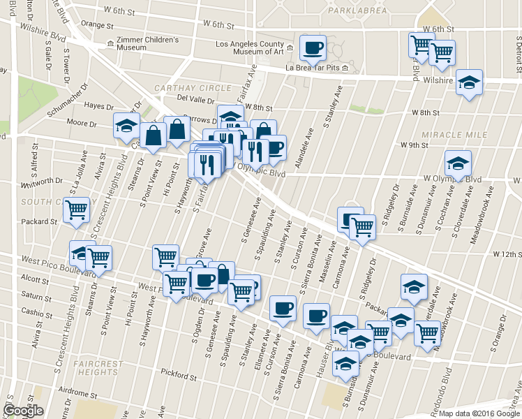 map of restaurants, bars, coffee shops, grocery stores, and more near 5906 San Vicente Boulevard in Los Angeles