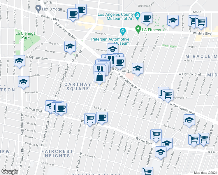 map of restaurants, bars, coffee shops, grocery stores, and more near 1064 South Orange Grove Avenue in Los Angeles