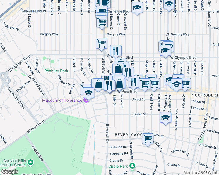map of restaurants, bars, coffee shops, grocery stores, and more near 1246 Edris Drive in Los Angeles