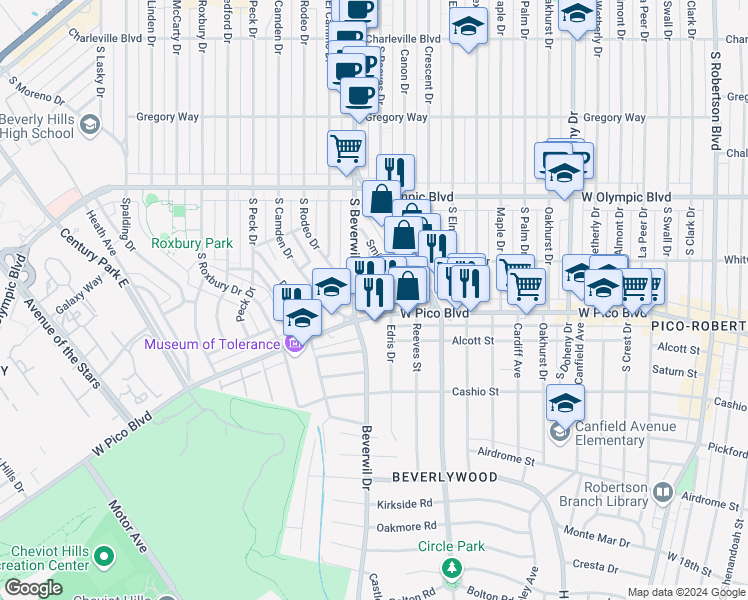 map of restaurants, bars, coffee shops, grocery stores, and more near 1246 Edris Drive in Los Angeles