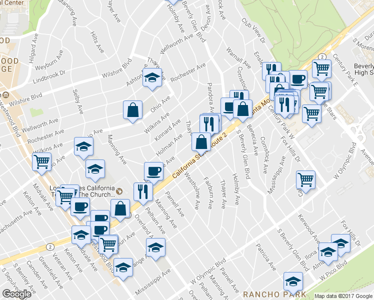 map of restaurants, bars, coffee shops, grocery stores, and more near 10514 Eastborne Avenue in Los Angeles