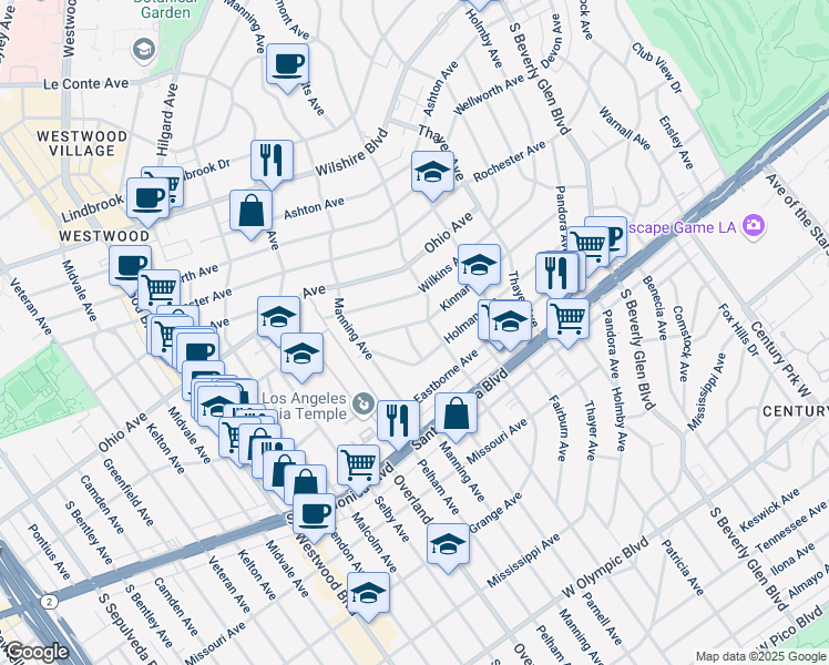 map of restaurants, bars, coffee shops, grocery stores, and more near 10633 Kinnard Avenue in Los Angeles