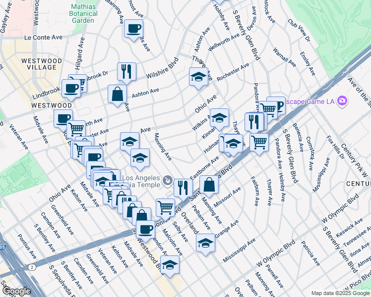 map of restaurants, bars, coffee shops, grocery stores, and more near 10633 Kinnard Avenue in Los Angeles