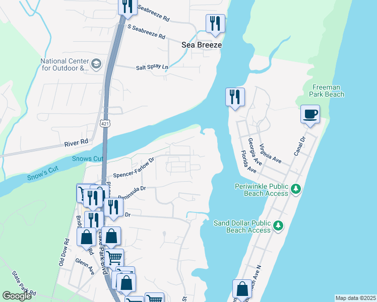map of restaurants, bars, coffee shops, grocery stores, and more near 107 Spencer-Farlow Drive in Carolina Beach