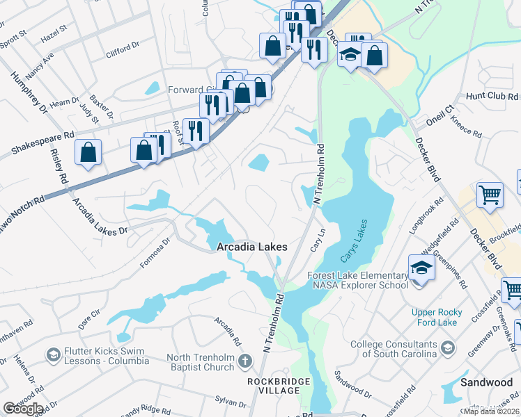 map of restaurants, bars, coffee shops, grocery stores, and more near 132 Arcadia Springs Circle in Columbia