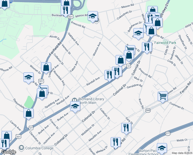 map of restaurants, bars, coffee shops, grocery stores, and more near 1027 Oakland Avenue in Columbia