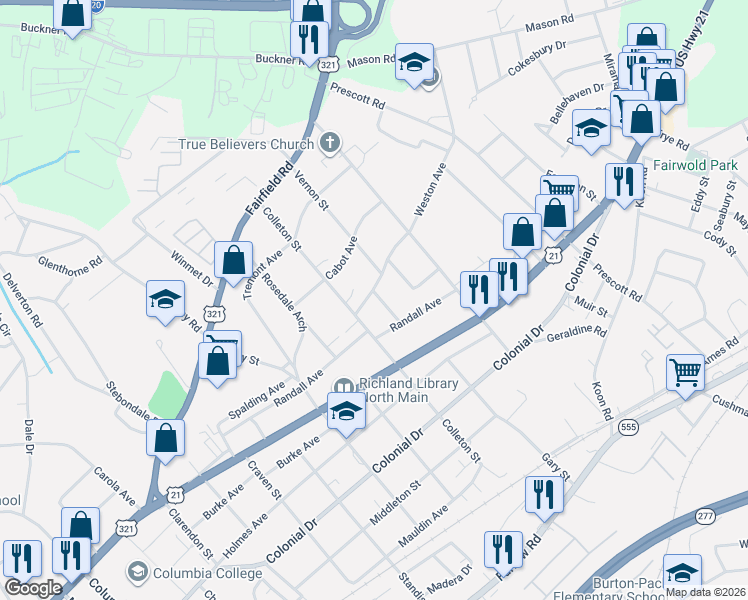 map of restaurants, bars, coffee shops, grocery stores, and more near 5515 Weston Avenue in Columbia