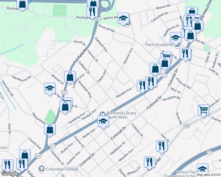 map of restaurants, bars, coffee shops, grocery stores, and more near 5515 Weston Avenue in Columbia