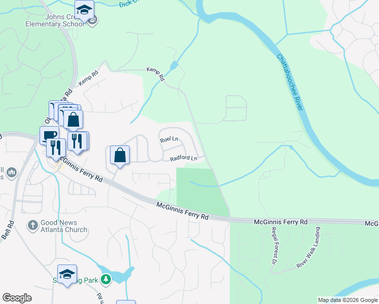 map of restaurants, bars, coffee shops, grocery stores, and more near 9145 Ruel Lane in Suwanee