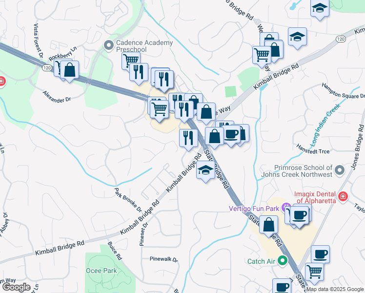 map of restaurants, bars, coffee shops, grocery stores, and more near 11266 State Bridge Road in Alpharetta