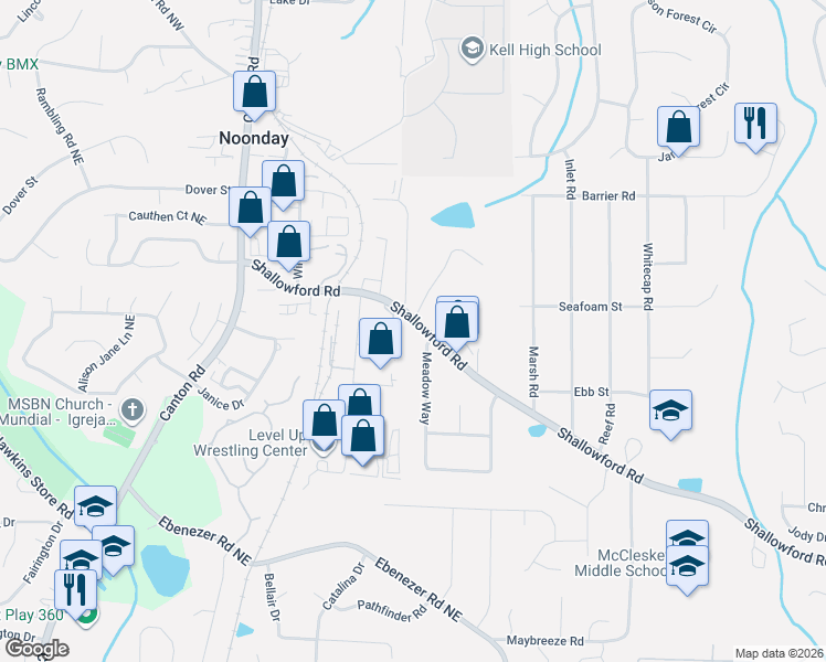 map of restaurants, bars, coffee shops, grocery stores, and more near 1283 Shallowford Road in Marietta