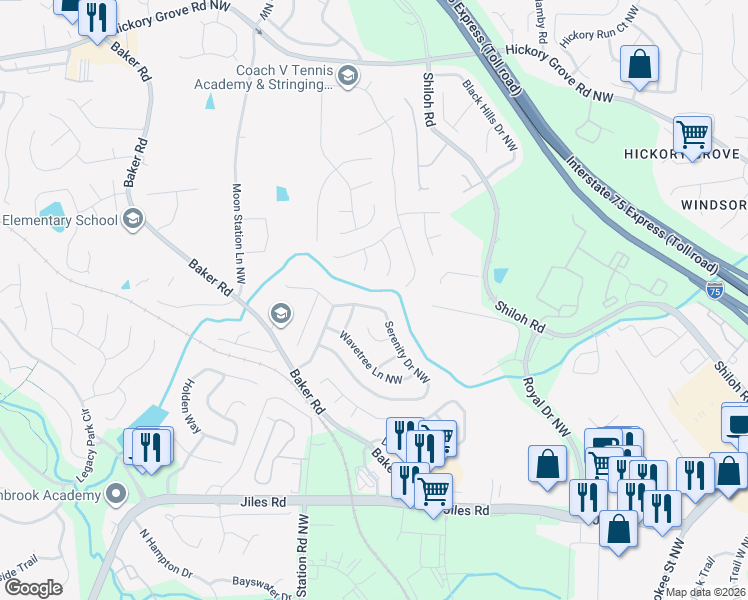 map of restaurants, bars, coffee shops, grocery stores, and more near 2214 Serenity Drive Northwest in Acworth