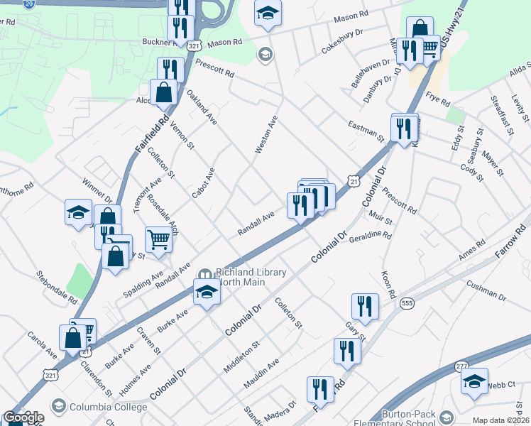 map of restaurants, bars, coffee shops, grocery stores, and more near 1027 Oakland Avenue in Columbia