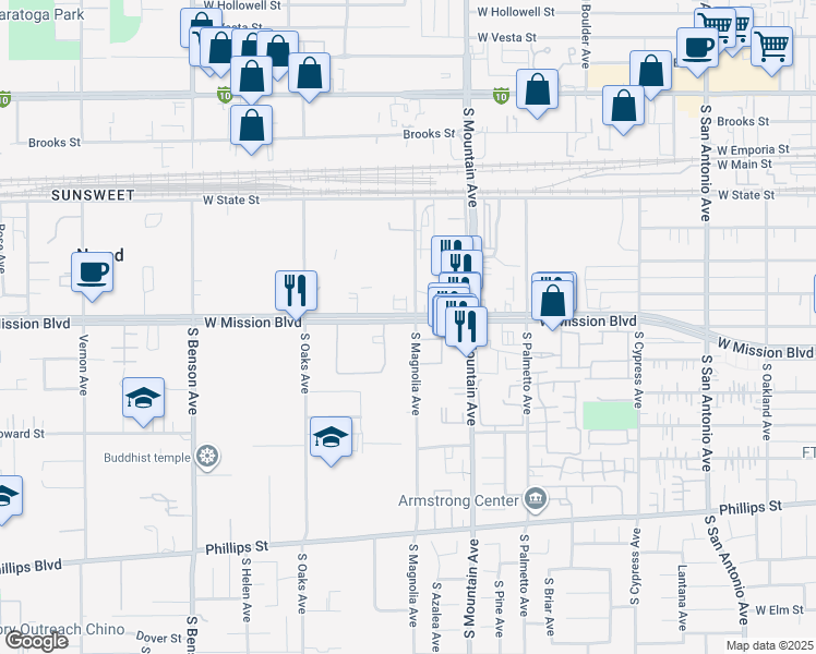 map of restaurants, bars, coffee shops, grocery stores, and more near 1201 West Mission Boulevard in Ontario