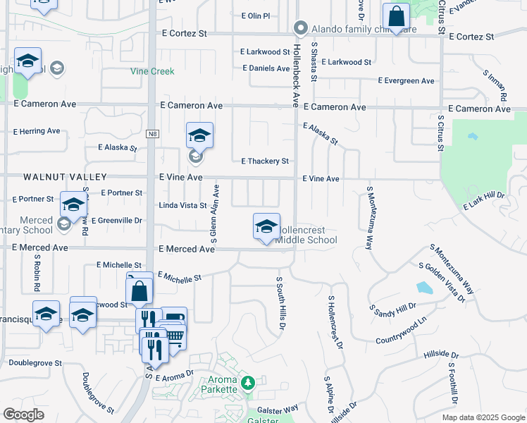 map of restaurants, bars, coffee shops, grocery stores, and more near 2106 Linda Vista Street in West Covina