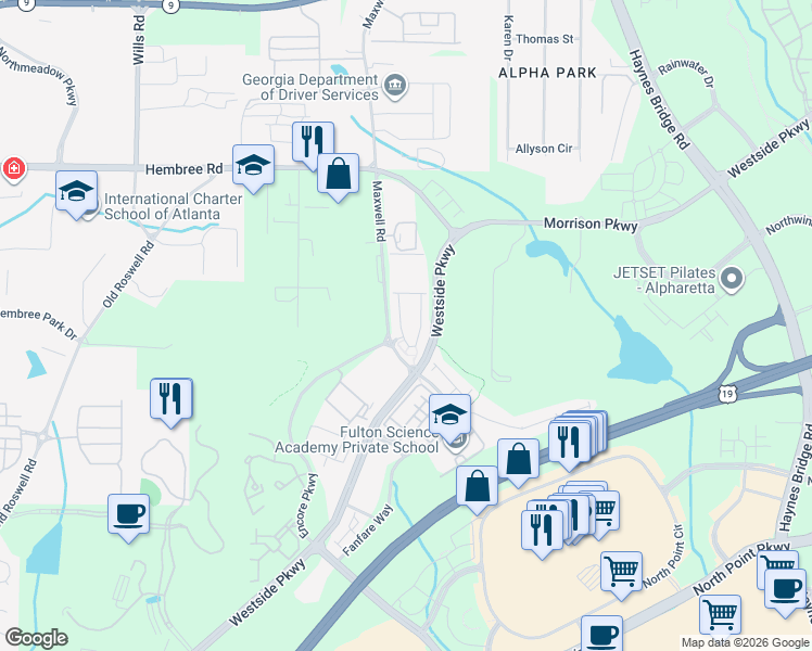 map of restaurants, bars, coffee shops, grocery stores, and more near 11253 Musette Circle in Alpharetta